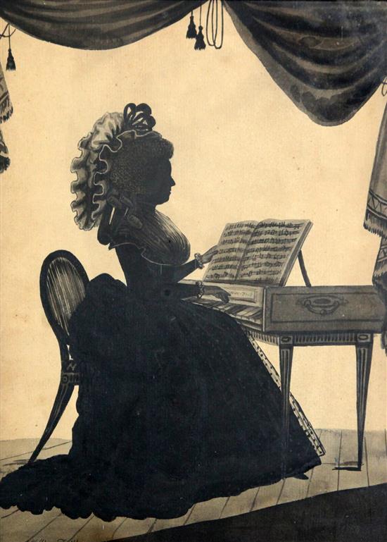 William Wellings Silhouette of a lady at a square piano, 11 x 8.25in.